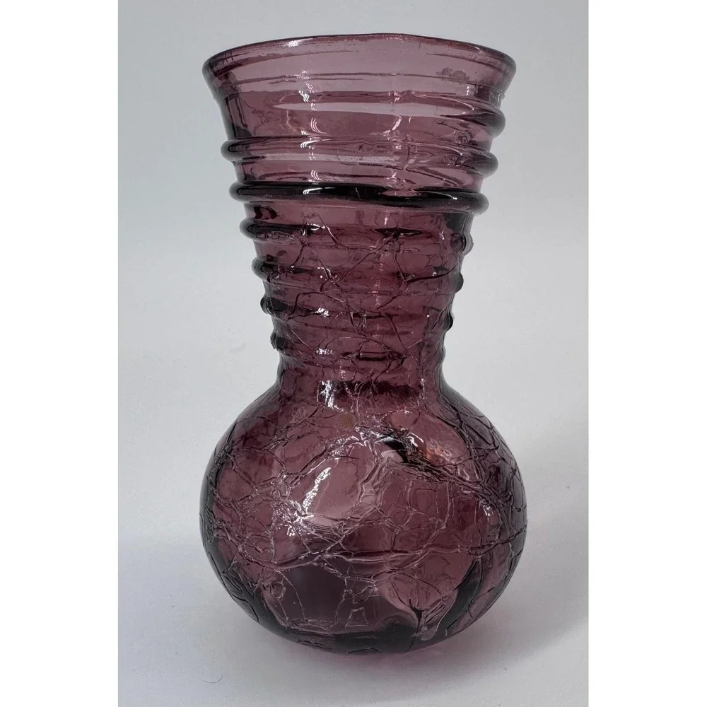 Vintage Purple Crackle Glass Vase Blenko Pilgrim Style Ribbed Neck Art Glass